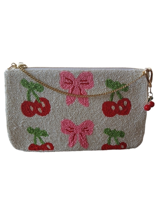 Wildfox Handbags - NWOT! Beaded Cherry & Bow Wristlet Clutch - Pink, Red & Cream